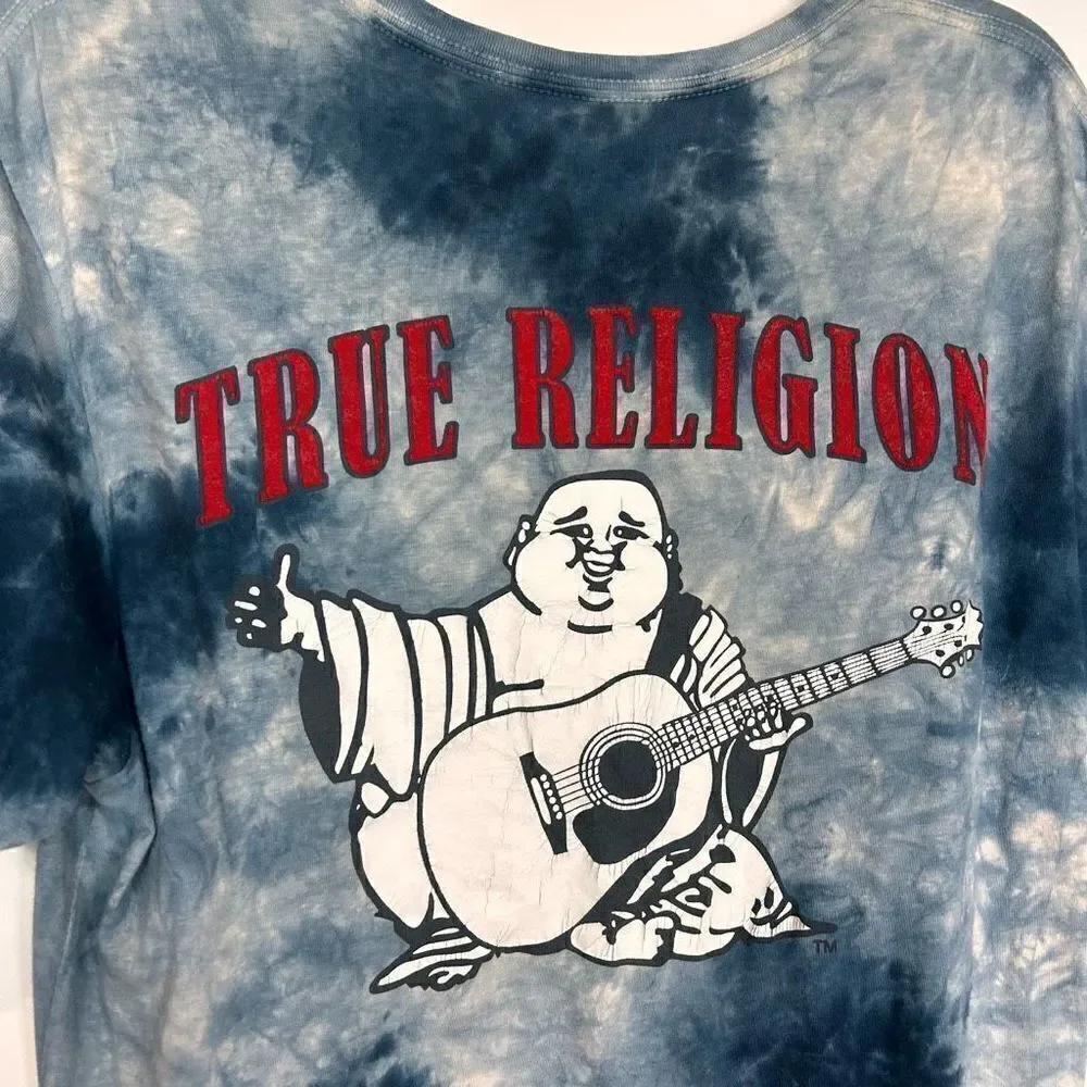 True Religion Men’s Ocean Waves Blue Tie Dye Buddha Tee Shirt Horseshoe Small